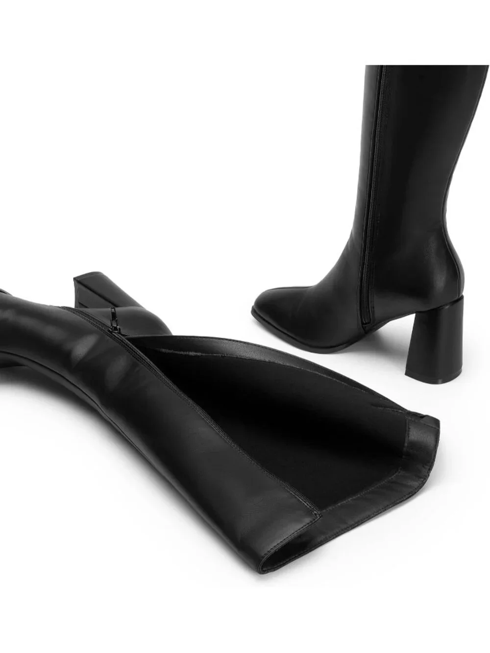 Women's Black Pu Chunky Block Heeled Square Toe Side Zipper Knee High Boots